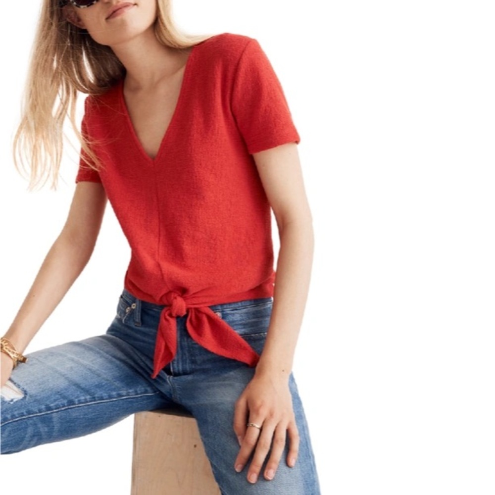 Madewell Texture & Thread V-Neck Modern Tie-Front Top Red Short Sleeve Size XS